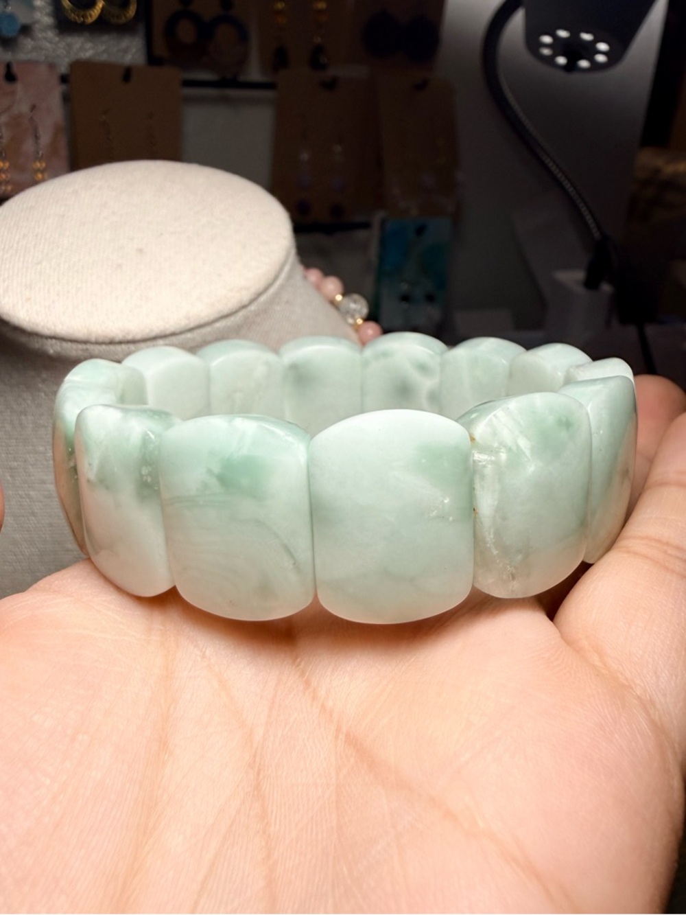 Green Moonstone Bangle Bracelet Chunky Gemstone Stretch Bracelet - Picture 6 of 6